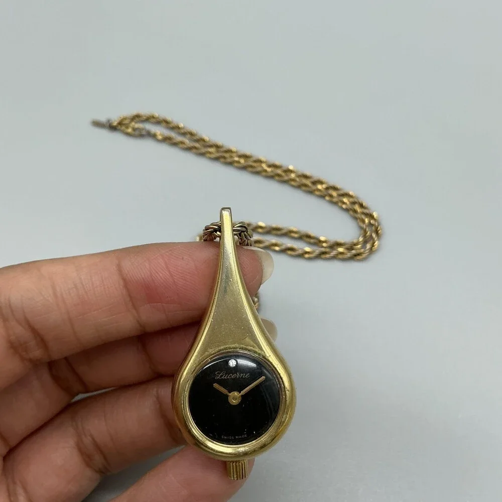 Vintage Lucerne Womens Pendant Necklace Watch 23mm Gold Tone Swiss Manual